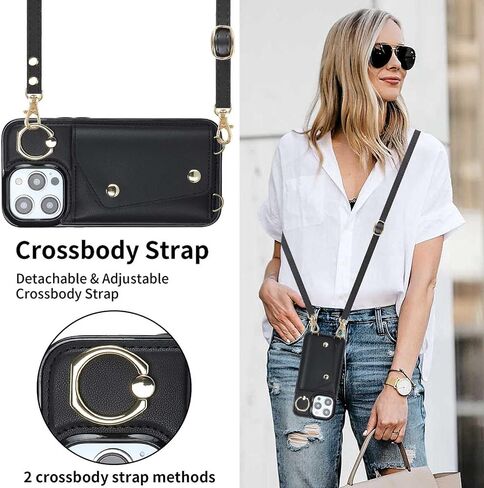 Crossbody Case for Apple 17 with Card Holder, Wallet Case Removable Lanyard Wrist Strap Shockproof with Kickstand Women Cover for iPhone 17.Crossbody Black in Saudi Arabia