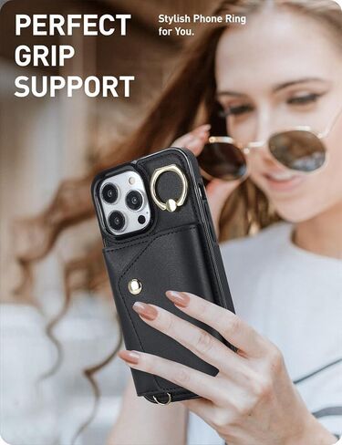 Crossbody Case for Apple 17 with Card Holder, Wallet Case Removable Lanyard Wrist Strap Shockproof with Kickstand Women Cover for iPhone 17.Crossbody Black in Saudi Arabia