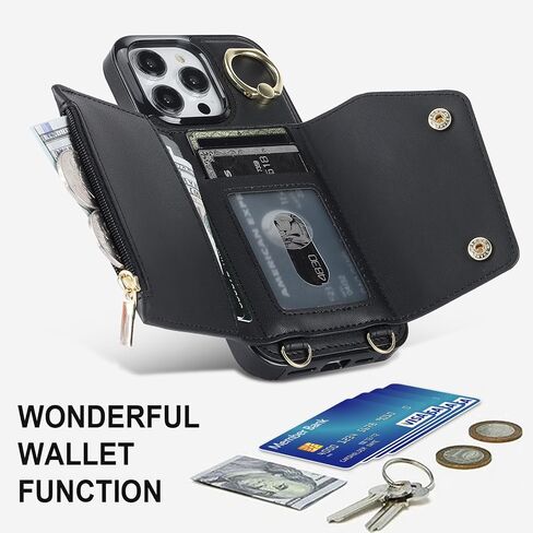 Crossbody Case for Apple 17 with Card Holder, Wallet Case Removable Lanyard Wrist Strap Shockproof with Kickstand Women Cover for iPhone 17.Crossbody Black in Saudi Arabia