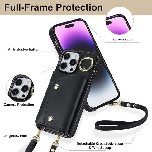 Crossbody Case for Apple 17 with Card Holder, Wallet Case Removable Lanyard Wrist Strap Shockproof with Kickstand Women Cover for iPhone 17.Crossbody Black in Saudi Arabia