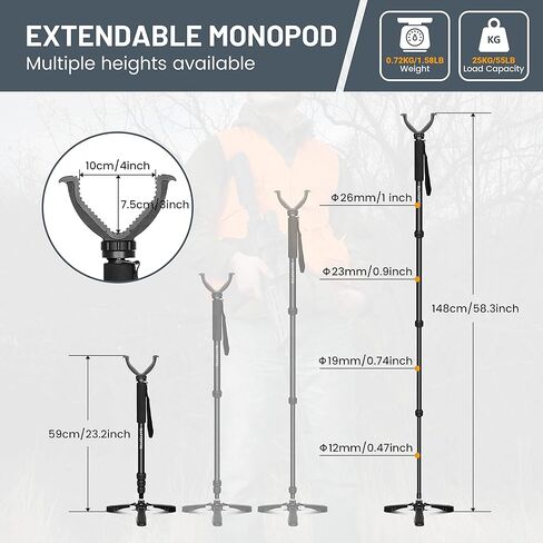 Hantoptik Shooting Stick Monopod with Tripods Base, Rotating and Removeable V Shaped Yoke, Adjustable Height Gun Pod Rifle Rest for Outdoors in Kuwait