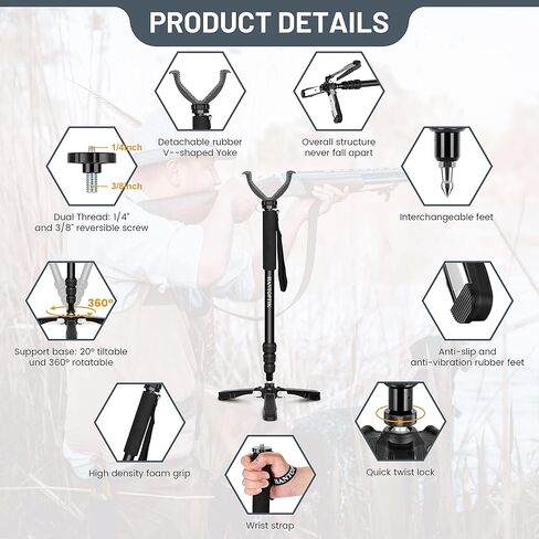 Hantoptik Shooting Stick Monopod with Tripods Base, Rotating and Removeable V Shaped Yoke, Adjustable Height Gun Pod Rifle Rest for Outdoors in Kuwait