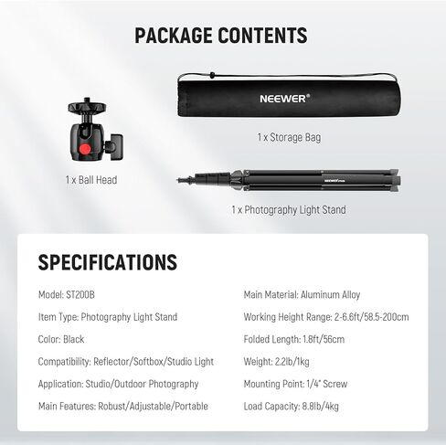 Neewer Heavy Duty Light Stand, Aluminum Alloy 13ft/4m Adjustable Photography Tripod Stand with Built-in Spring Cushion and 1/4" Screw for Studio LED Light, DSLR Camera, Max Load: 22lb/10kg - Black in Saudi Arabia