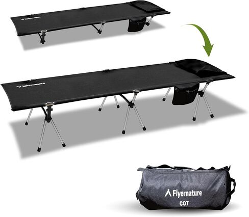 Flyernature 2-in-1 Ultra-Light Portable Camping Cot for Adults - Military Heavy Duty Folding Backpacking Cot with Leg Extenders, 300 LBS One Person Sleeping Cot, Black (75"x26"x15.8") in Saudi Arabia