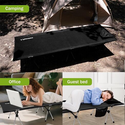 Flyernature 2-in-1 Ultra-Light Portable Camping Cot for Adults - Military Heavy Duty Folding Backpacking Cot with Leg Extenders, 300 LBS One Person Sleeping Cot, Black (75"x26"x15.8") in Saudi Arabia