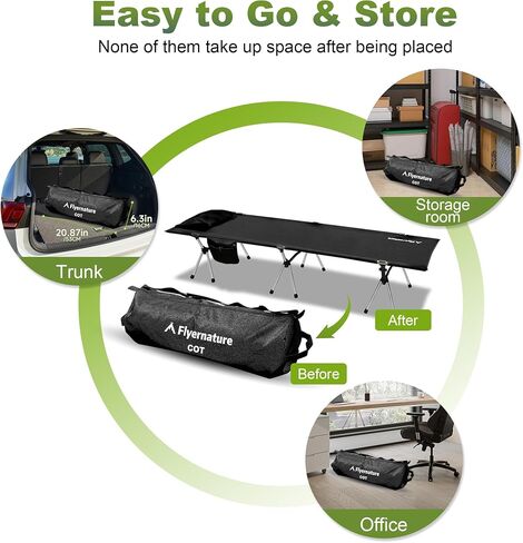 Flyernature 2-in-1 Ultra-Light Portable Camping Cot for Adults - Military Heavy Duty Folding Backpacking Cot with Leg Extenders, 300 LBS One Person Sleeping Cot, Black (75"x26"x15.8") in Saudi Arabia