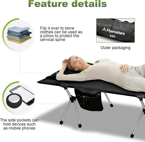 Flyernature 2-in-1 Ultra-Light Portable Camping Cot for Adults - Military Heavy Duty Folding Backpacking Cot with Leg Extenders, 300 LBS One Person Sleeping Cot, Black (75"x26"x15.8") in Saudi Arabia