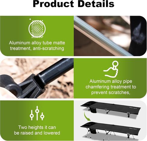 Flyernature 2-in-1 Ultra-Light Portable Camping Cot for Adults - Military Heavy Duty Folding Backpacking Cot with Leg Extenders, 300 LBS One Person Sleeping Cot, Black (75"x26"x15.8") in Saudi Arabia