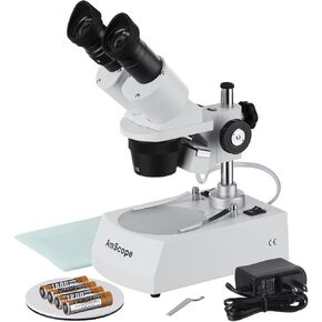 AmScope SE305R-P-LED Forward-Mounted Binocular Stereo Microscope, WF10x Eyepieces, 10X and 30X Magnification, 1X and 3X Objectives, Upper and Lower LED Lighting, Reversible Black/White Stage Plate, Pillar Stand, 120V or Battery-Powered in Saudi Arabia