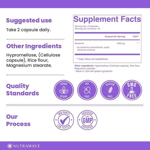 Nutrawave PURE Berberine أقصى قدر من الفعالية - يدعم مستويات السكر في الدم والتمثيل الغذائي، 1000 مجم لكل وجبة - كبسولتان - للبالغين الذين يبحثون عن دعم الجلوكوز الطبيعي - غير معدل وراثيًا، نباتي - عبوة واحدة in Saudi Arabia