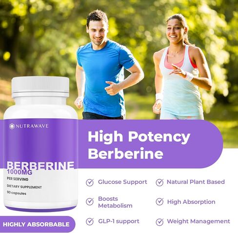 Nutrawave PURE Berberine أقصى قدر من الفعالية - يدعم مستويات السكر في الدم والتمثيل الغذائي، 1000 مجم لكل وجبة - كبسولتان - للبالغين الذين يبحثون عن دعم الجلوكوز الطبيعي - غير معدل وراثيًا، نباتي - عبوة واحدة in Saudi Arabia