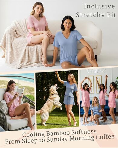 Bamboo Viscose Women's Pajama Sets 2 Piece Comfy Lounge Sets Soft T-shirt & Sleep Pjs Shorts with Rose Applique in Saudi Arabia