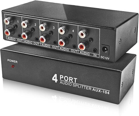 3.5 ملم Aux + RCA L/R مقسم صوت 1 في 4 خارج، BolAAzuL 4-Way صندوق توزيع صوت ستيريو 4 قنوات ستيريو RCA Splitter 1x4 لمشغل DVD، وحدة التحكم في الألعاب، سماعات الرأس، مكبر الصوت - مع الطاقة in Saudi Arabia