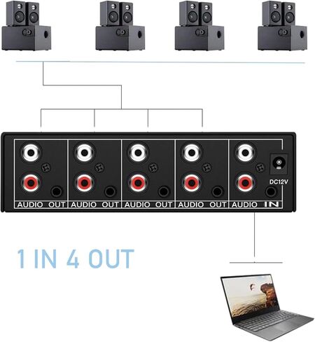 3.5 ملم Aux + RCA L/R مقسم صوت 1 في 4 خارج، BolAAzuL 4-Way صندوق توزيع صوت ستيريو 4 قنوات ستيريو RCA Splitter 1x4 لمشغل DVD، وحدة التحكم في الألعاب، سماعات الرأس، مكبر الصوت - مع الطاقة in Saudi Arabia