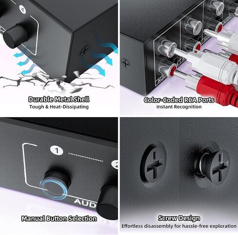 3.5 ملم Aux + RCA L/R مقسم صوت 1 في 4 خارج، BolAAzuL 4-Way صندوق توزيع صوت ستيريو 4 قنوات ستيريو RCA Splitter 1x4 لمشغل DVD، وحدة التحكم في الألعاب، سماعات الرأس، مكبر الصوت - مع الطاقة in Saudi Arabia