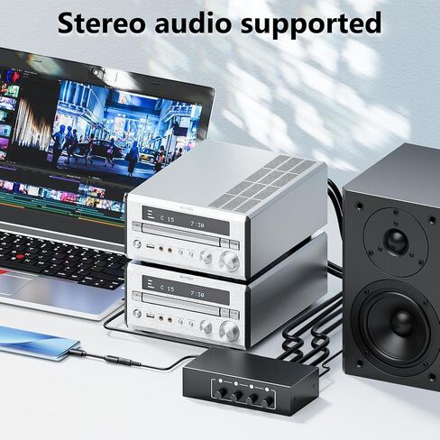 3.5 ملم Aux + RCA L/R مقسم صوت 1 في 4 خارج، BolAAzuL 4-Way صندوق توزيع صوت ستيريو 4 قنوات ستيريو RCA Splitter 1x4 لمشغل DVD، وحدة التحكم في الألعاب، سماعات الرأس، مكبر الصوت - مع الطاقة in Saudi Arabia