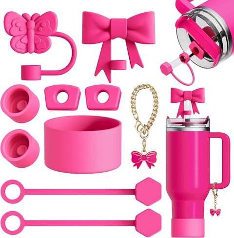 10 Pcs Compatible with Stanley Cup Accessories - Butterfly&Bow Straw Toppers for Stanley Straw Cover 9-10 mm, 1 Silicone Boots, 6 Spill Proof Stopper, 1 Handle Charms for 30&40 Oz Tumbler (Rose Pink) in Saudi Arabia