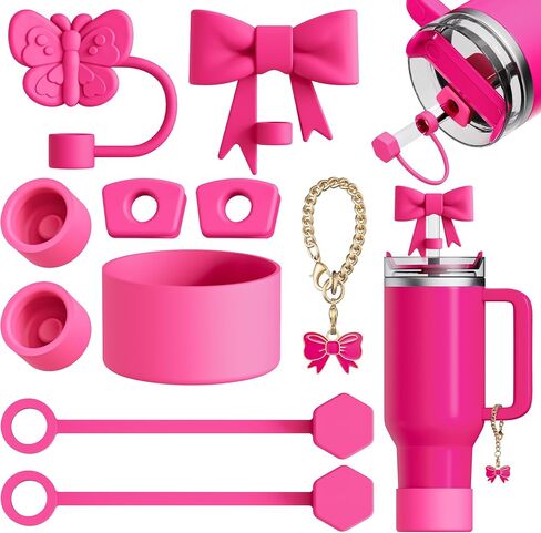 10 Pcs Compatible with Stanley Cup Accessories - Butterfly&Bow Straw Toppers for Stanley Straw Cover 9-10 mm, 1 Silicone Boots, 6 Spill Proof Stopper, 1 Handle Charms for 30&40 Oz Tumbler (Rose Pink) in Saudi Arabia