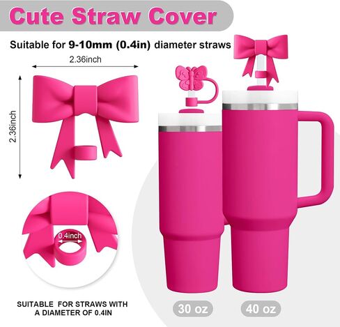 10 Pcs Compatible with Stanley Cup Accessories - Butterfly&Bow Straw Toppers for Stanley Straw Cover 9-10 mm, 1 Silicone Boots, 6 Spill Proof Stopper, 1 Handle Charms for 30&40 Oz Tumbler (Rose Pink) in Saudi Arabia
