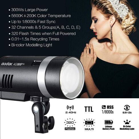Godox AD300Pro Outdoor Strobe Flash Light, 2.4G Wireless 300Ws TTL 1/8000s 320 Times Full Power Flash Rechargeable Battery Compatible with Canon Nikon Sony FUJIFILM Panasonic Pentax Olympus in Kuwait