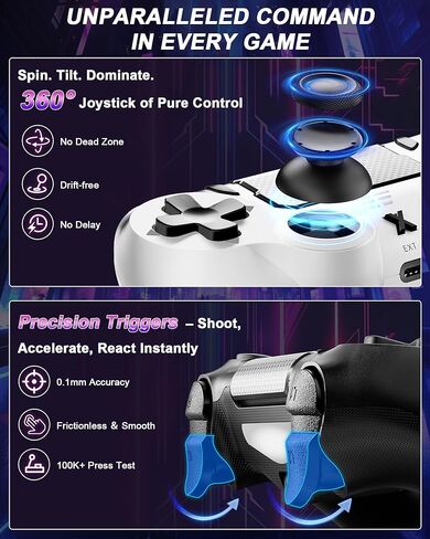 وحدة تحكم Quevati اللاسلكية لجهاز PS-4، عصا التحكم في الألعاب ذات الاهتزاز المزدوج/استشعار الحركة/لوحة اللمس/مكبر الصوت/سماعة رأس مقبس صوت 3.5 مم، مستشعر ستة محاور مطور، متوافق مع وحدة تحكم PS4/Slim/Pro/الكمبيوتر (أبيض + أسود) in Kuwait
