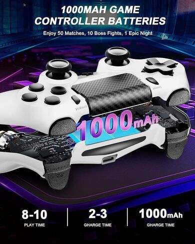 وحدة تحكم Quevati اللاسلكية لجهاز PS-4، عصا التحكم في الألعاب ذات الاهتزاز المزدوج/استشعار الحركة/لوحة اللمس/مكبر الصوت/سماعة رأس مقبس صوت 3.5 مم، مستشعر ستة محاور مطور، متوافق مع وحدة تحكم PS4/Slim/Pro/الكمبيوتر (أبيض + أسود) in Kuwait