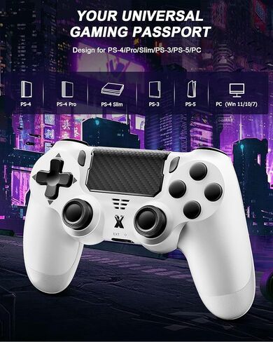 وحدة تحكم Quevati اللاسلكية لجهاز PS-4، عصا التحكم في الألعاب ذات الاهتزاز المزدوج/استشعار الحركة/لوحة اللمس/مكبر الصوت/سماعة رأس مقبس صوت 3.5 مم، مستشعر ستة محاور مطور، متوافق مع وحدة تحكم PS4/Slim/Pro/الكمبيوتر (أبيض + أسود) in Kuwait