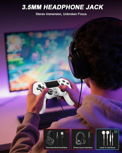 وحدة تحكم Quevati اللاسلكية لجهاز PS-4، عصا التحكم في الألعاب ذات الاهتزاز المزدوج/استشعار الحركة/لوحة اللمس/مكبر الصوت/سماعة رأس مقبس صوت 3.5 مم، مستشعر ستة محاور مطور، متوافق مع وحدة تحكم PS4/Slim/Pro/الكمبيوتر (أبيض + أسود) in Kuwait