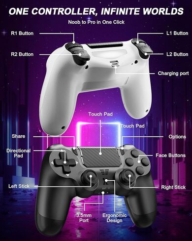 وحدة تحكم Quevati اللاسلكية لجهاز PS-4، عصا التحكم في الألعاب ذات الاهتزاز المزدوج/استشعار الحركة/لوحة اللمس/مكبر الصوت/سماعة رأس مقبس صوت 3.5 مم، مستشعر ستة محاور مطور، متوافق مع وحدة تحكم PS4/Slim/Pro/الكمبيوتر (أبيض + أسود) in Kuwait