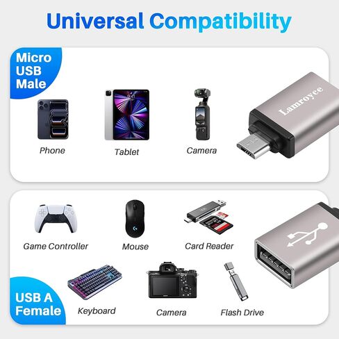 USB to Micro USB Adapter 2 Pack, Micro USB Male to USB 2.0 A Female OTG (On-The-Go) Converter Connector, Aluminum Alloy Shell, Compatible with Samsung Phone S7 S6, LG, Flash Drive, Mouse, Keyboard in Kuwait