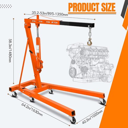 Hydraulic Engine Hoist, 2 Ton Folding Engine Hoist Crane Lift with Telescopic Boom 4400 Lbs Capacity Cherry Picker Shop Crane Lift with 6 Casters for Garage, Workshop, Automotive Repair, Yellow in Saudi Arabia