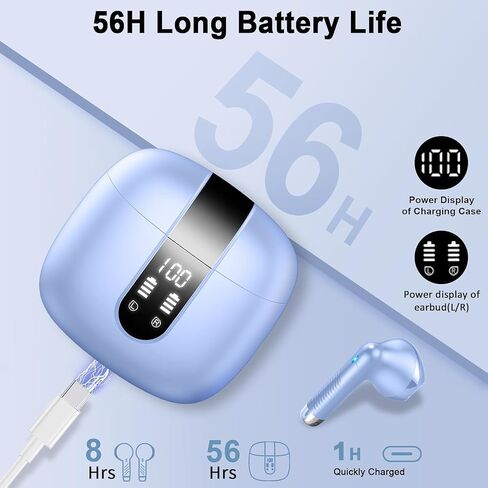 سماعات أذن لاسلكية، سماعات أذن بلوتوث V5.4 ستيريو باس مع ميكروفونات إلغاء الضوضاء ENC، سماعات أذن بلوتوث 56H مع حافظة شحن شاشة LED، سماعات IP7 مقاومة للماء لنظام Android iOS[Mini] in Saudi Arabia