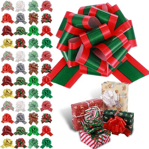 Zeyune 48 Pieces 6 Inch Christmas Pull Bows for Gift Wrapping, Gift Striped Bows Ribbon Wrapping Pull Bows Pull String Bows for Presents, Gift Baskets, Holiday Birthday Decor(Red, Green, Gold) in Saudi Arabia