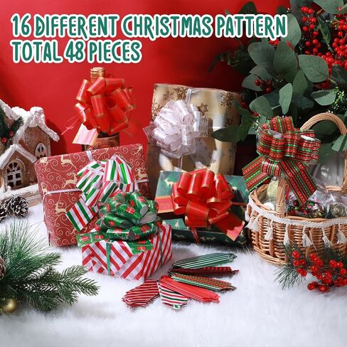 Zeyune 48 Pieces 6 Inch Christmas Pull Bows for Gift Wrapping, Gift Striped Bows Ribbon Wrapping Pull Bows Pull String Bows for Presents, Gift Baskets, Holiday Birthday Decor(Red, Green, Gold) in Saudi Arabia
