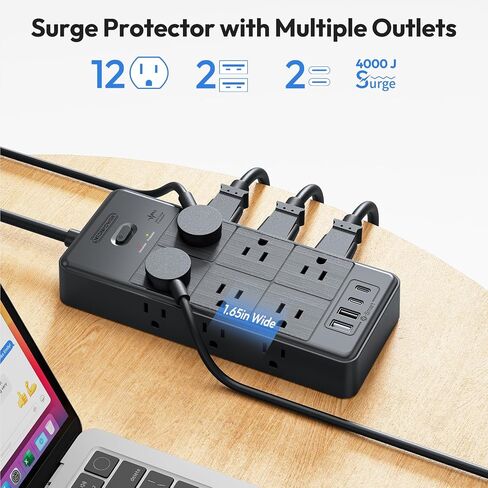 NTONPOWER 4000J Long Cord Surge Protector Power Strip, 25 FT Extension Cord with 12 Outlets & 4 USB Ports (2 USB C), 3 Side Multiple Outlet Extender, Wall Mounted for Home Office in Saudi Arabia