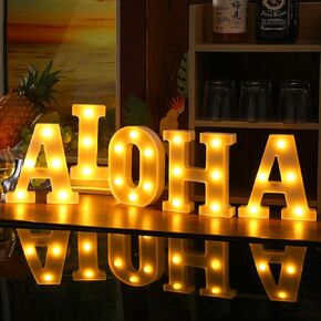 Aurelema 5 قطع ديكورات صيفية ألوها تضيء لافتة ألوها LED حرف سرادق لتزيين الحفلات، تعمل بالبطارية حرف أبجدي هاواي الصيفي، مصابيح LED لحفلات الزفاف الليلية وحفلات أعياد الميلاد