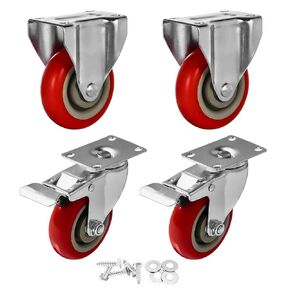 4 Pack 5" Caster Wheels On Red Polyurethane Wheels Top Plate Non Swivel Rigid Fixed Stationery with Hardware