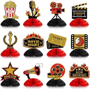 12 Pieces Movie Night Party Decorations Supplies Movie Theater Centerpiece Honeycomb 3D Ticket Popcorn Star Table Topper Decor for Birthday Party Favors