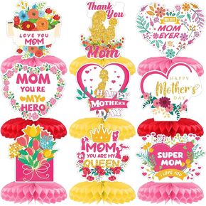 Yexiya 9 Pcs Mother's Day Honeycomb Decorations, Floral and Heart Designs Table Centerpieces, Super Mom and Queen Themed 3D Table Toppers, Colorful Best Mom Appreciation Signs for Home Party Decor