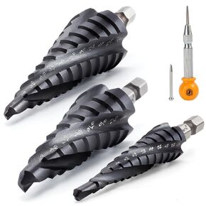 MulWark Four Spiral Flute Cobalt Step Drill Bit Set and Automatic Center Punch, Industrial Grade Aluminium Titanium Nitride Coated Step Bit, Hex Shank Unibit Step Bits for Metal, Stainless Steel