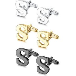 LOLIAS 3 Pairs Cufflinks For Men Personalized Initial Cuff Links Mens Letter CuffLinks for Casual to Formal with Gift Box Silver Black Gold Cufflinks Set for Father Husband Groom
