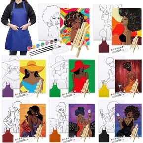 VOCHIC 8 Pack Pre Drawn Canvas for Painting for Adults Sip and Paint Party Supplies Favor Stretched Outline Canvas Acrylic Paint Art Set with Aprons, Easels, Paints, Brushes, Pallet, Image(8x10)