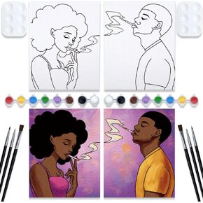 Couples Paint Party Kits Pre Drawn Canvas for Adults for Paint and Sip Date Night Games for Couples Painting kit 8x10 African American Girl Boy (2 Pack) Valentine's Day