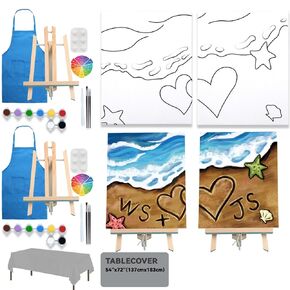 2 Pack Paint and Sip Canvas Painting Kit Pre Drawn Canvas for Painting for adults Stretched Canvas Couples Games Date Night Summer Beach Vows Anniversary Gifts Paint Party Supplies Favor 8x10