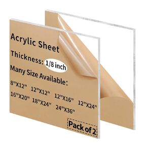 2 Pack 6" x 12" Clear Acrylic Sheets 1/8" Thick Plexiglass Acrylic Sheet Transparent Cast Acrylic Sheet for DIY Craft Projects, Signs, Display Cases - Easy to Cut with Laser, Saw or Hand Tools