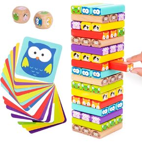 Nene Toys Wooden Tumble Tower Game with Animals & Colors, 4-in-1 Educational Family Board Game for Kids Ages 3-9, Creativity & Cognitive Skills Booster - Gift for Boys Girls 3+ Years