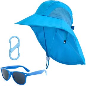 KDVOG Kids Sun Hats Sunglasses Hat Clip Set Boys Girls Wide Brim Summer Hat with Neck Flap Beach Cap with Ponytail Hole