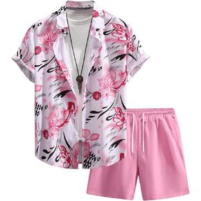 BEAUDRM Men's Plus Size 2 Pieces Outfit Floral Print Button Down Shirt and Drawstring Waist Shorts Sets