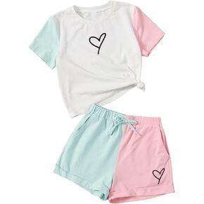 Floerns Girl's Colorblock Short Sleeve Tee Shirt with Shorts Set Two Piece Outfit