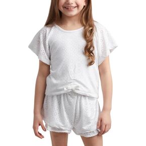 Steve Madden Girls Shorts Set - 2 Piece Knit Ruched Hem Eyelet T-Shirt with with Ruffle Shorts - Outfit Set for Girls, 4-12